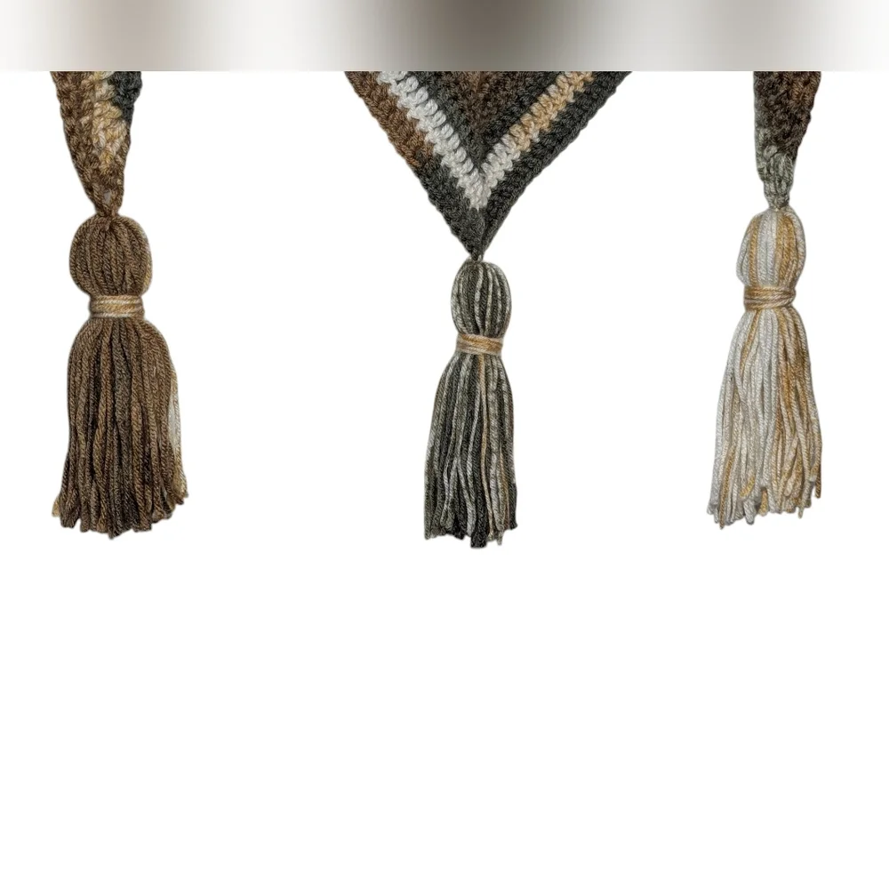 Crocheted Chevron Earthtone Shawl Shoulder Wrap Tassels Green Brown Tan